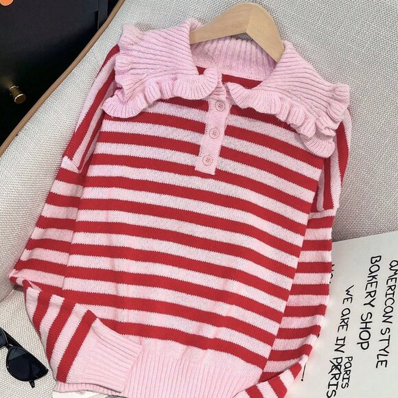 Multicolor Casual Women's Plus Size Knitted Pullover Top - Picture 6 of 6